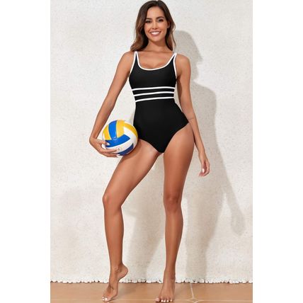 Black Contrast Trim Colorblock U Neck One Piece Swimwear