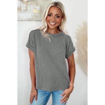 Medium Grey Textured Knit Exposed Stitching T-shirt