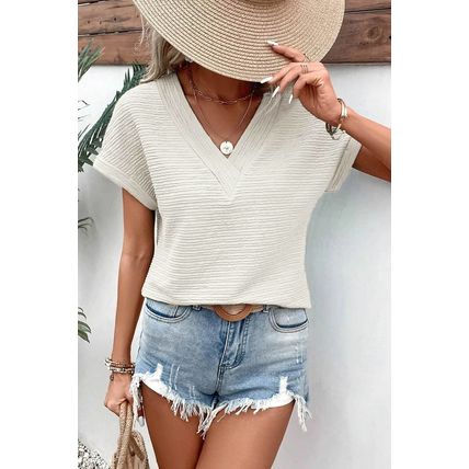 Pale Khaki Textured Wide Sleeve V Neck T Shirt