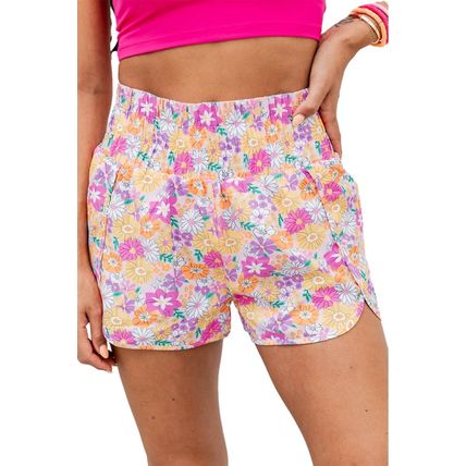Pink Boho Floral Shirred High Waist Casual Shorts