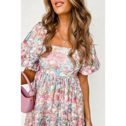Pink Floral Puff Sleeve Square Neck Smock Ruffled Dress