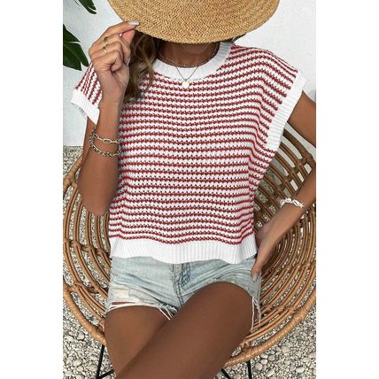 Red Stripe Ribbed Trim Loose Fit Knitted Sweater Vest