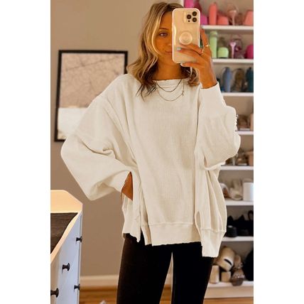 White Waffle Knit Bishop Sleeve Split Oversized Sweatshirt