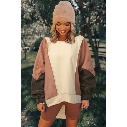 Beige Oversized Color Block Patchwork High Low Hoodie