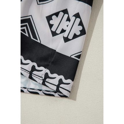 Black Geometric Print V Neck Ruffled Dress