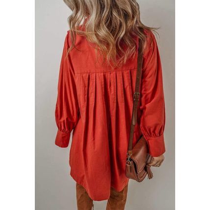 Tomato Red Bishop Sleeve Button Up Pleated Mini Shirt Dress