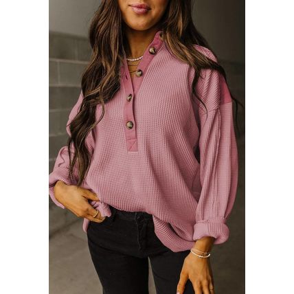 Pink Waffle Long Sleeve Collar Half Button Loose Top