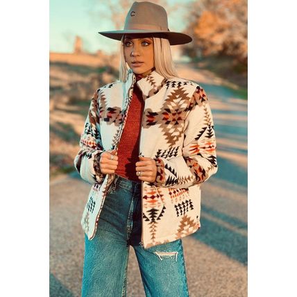 Beige Aztec Printed Stand Neck Zip Up Jacket