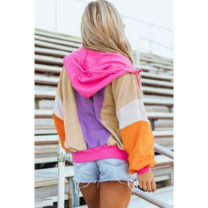 Grapefruit Orange Oversized Colorblock Patchwork Full Zipped Hoodie