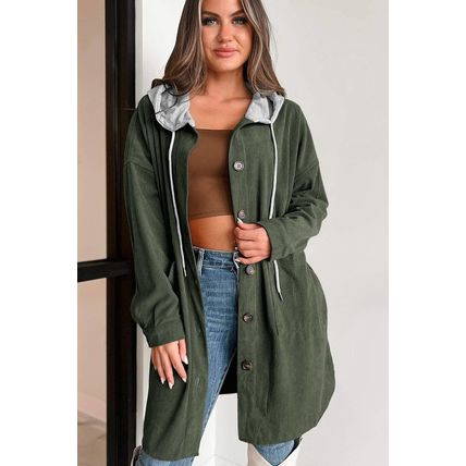 Jungle Green Oversized Corduroy Contrast Hooded Shacket