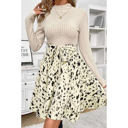 Beige Ribbed Knit Patchwork Printed Belted A-line Dress