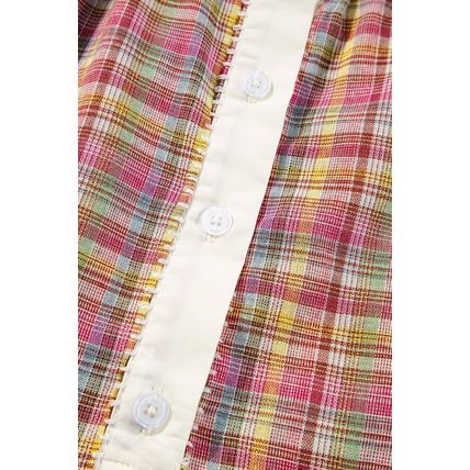Pink Colorblock Plaid Patchwork Henley Blouse