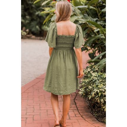 Grass Green Frilly Square Neck Flutter Sleeve Smocked High Waist Plus Size Dress