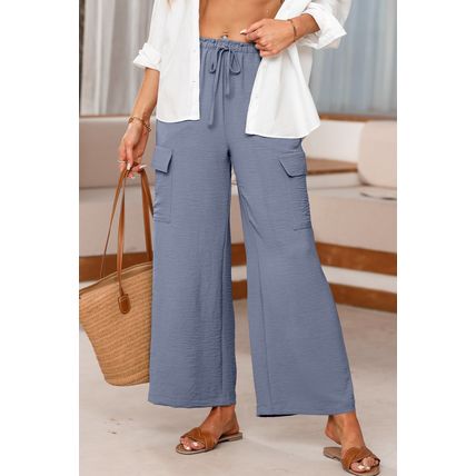 Dark Grey Drawstring Frilled Waist Wide Leg Utility Trousers
