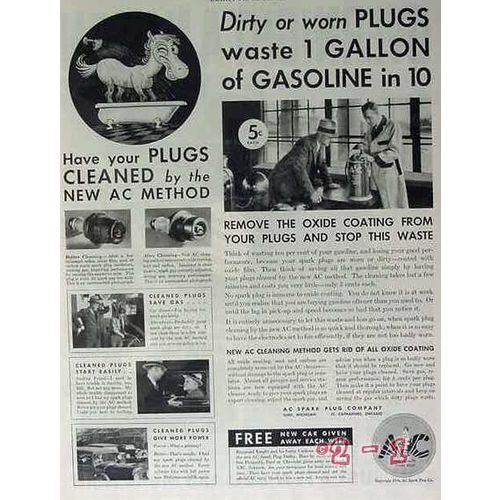AC SPARK PLUG COMPANY 1934 clean dirty worn waste gasoline vintage ad