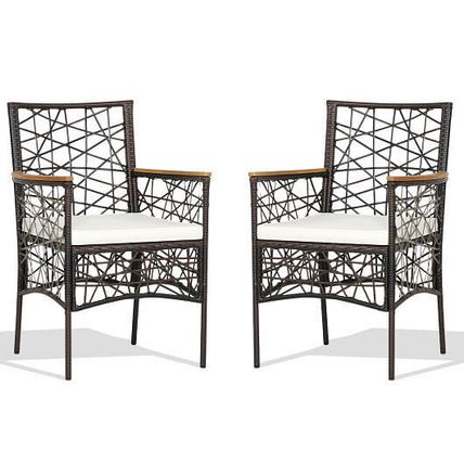2 Pieces PE Wicker Patio Bistro Dining Chairs with Acacia Wood Armrests and C...