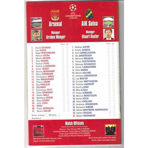 Arsenal v AIK Solna 1999/2000 Football Programme UEFA Champions League