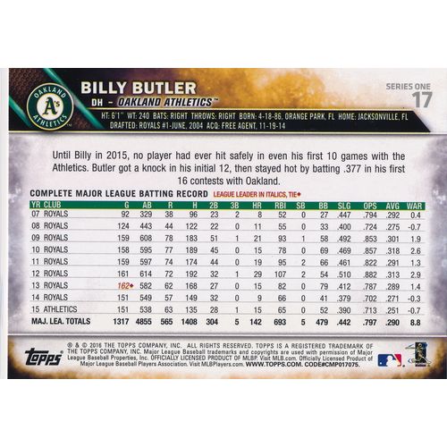 2016 Topps Baseball 17 Billy Butler Oakland Athletics