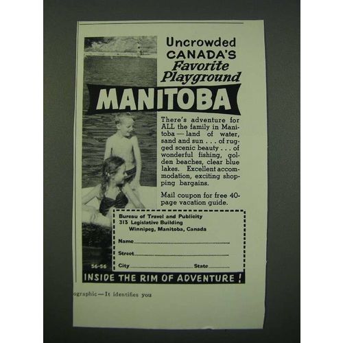 1956 Manitoba Canada Ad - Uncrowded Canada's Favorite Playground
