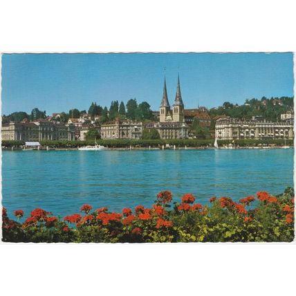 Postcard Lake Lucerne and Church of St. Leodegar, Lucerne, Switzerland