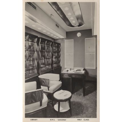 RMS Saxonia First Class Clock Library Post Mail Room Ship Postcard