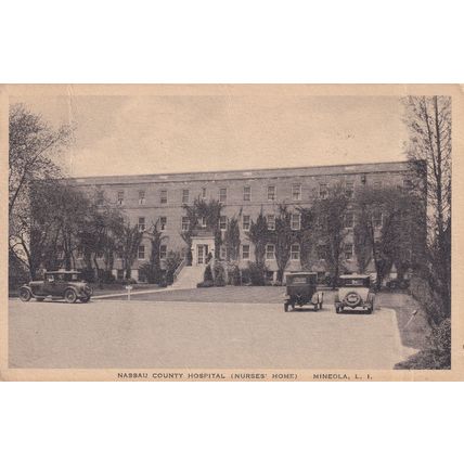 Classic Cars Outside Nassau Hospital Mineola USA Nurses Home Postcard