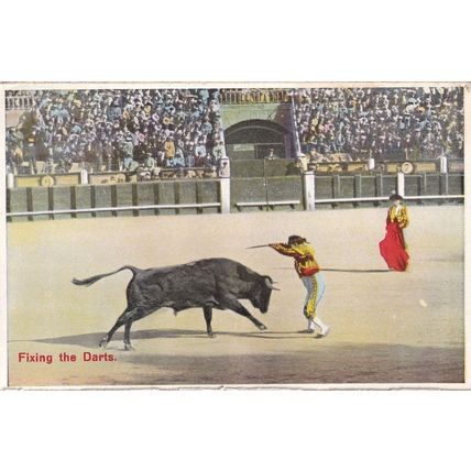 Fixing The Darts Fun Bullfight Bullfighting Antique Spanish Postcard