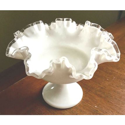 Compote Silver crest Double Ruffled Edge Fenton Milk Glass Vintage