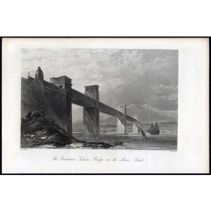 BRITANNIA TUBULAR BRIDGE OVER THE MENAI STRAITS 1851 VICTORIAN ENGRAVING