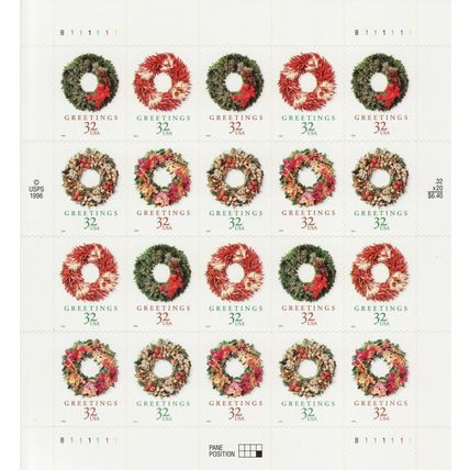 Holiday Wreaths Christmas Booklet Pane of Twenty 32 Cent Stamps Scott 3252b