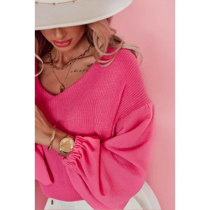 Rose Waffle Knit Balloon Sleeve Splicing V Neck Top