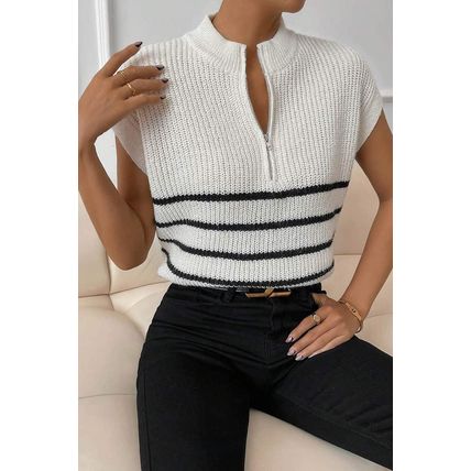 White Stripe Half Zip Split Stand Neck Sweater T-shirt
