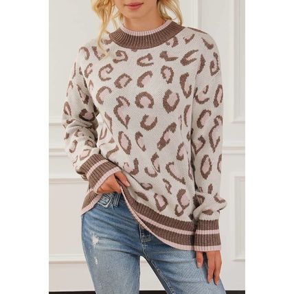 Brown Two-tone Ribbed Trim Contrast Leopard Sweater