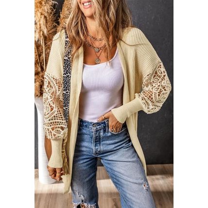 Apricot Crochet Lace Sleeve Ribbed Knit Cardigan