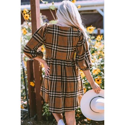 Brown Plaid Pattern Empire Waist Babydoll Dress
