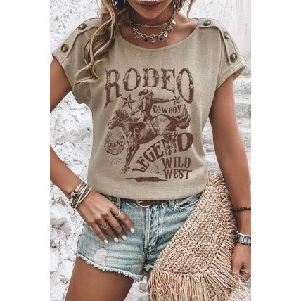 Smoke Gray RODEO Cowboy Graphic Buttoned Batwing Sleeve T Shirt