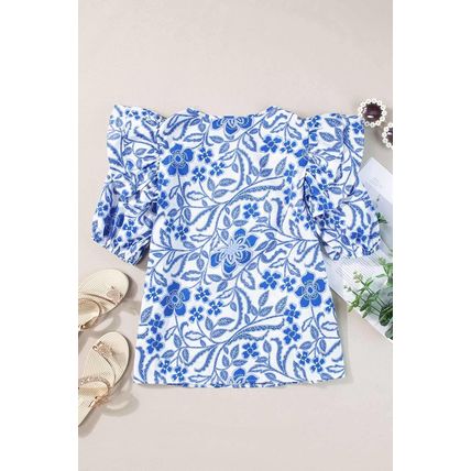 Dark Blue Floral Print Ruffled Bubble Sleeve Blouse