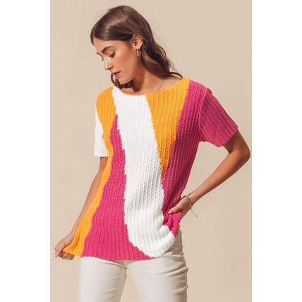 Orange Textured Knit Colorblock Short Sleeve Sweater