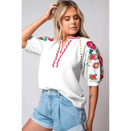 White Floral Embroidered Ricrac Puff Sleeve Textured Blouse