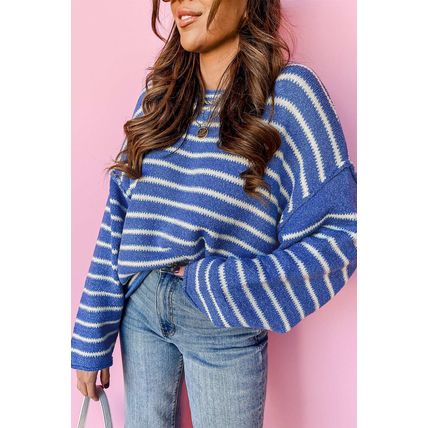 Sky Blue Stripe Drop Shoulder Casual Sweater