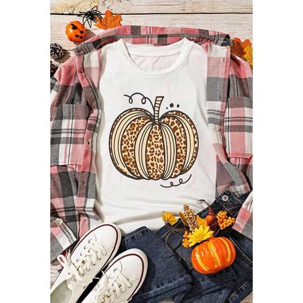 White Leopard Pumpkin Graphic Crewneck Halloween T Shirt