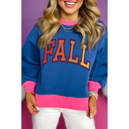 Blue FALL Graphic Color Block Bubble Sleeve Sweatshirt
