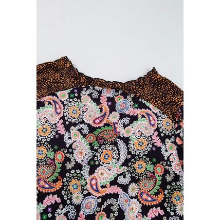 Black Plus Size Paisley Floral Print V Neck Bubble Sleeve Blouse