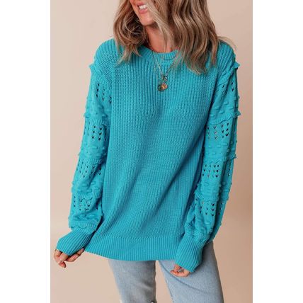 Turquoise Ruffled Eyelet Bubble Sleeve Sweater