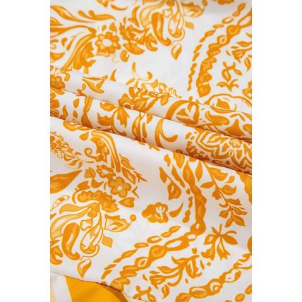 Orange Bohemian Print Puff Sleeve Tied V Neck Flared Mini Dress