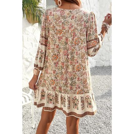 Apricot Floral Print Tassel Drawstring V Neck Loose Mini Dress