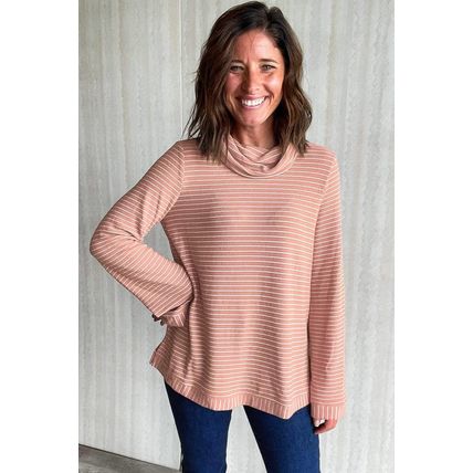 Pink Stripe Cowl Neck Side Slits Loose Fit Long Sleeve Top