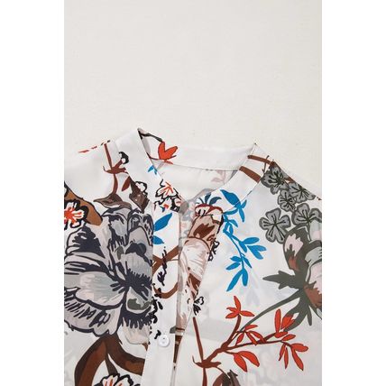 White Floral Print Balloon Sleeves Button Up Loose Casual Shirt