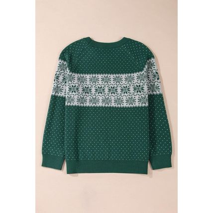 Green Christmas Snowflake Pattern Drop Shoulder Plus Size Sweater
