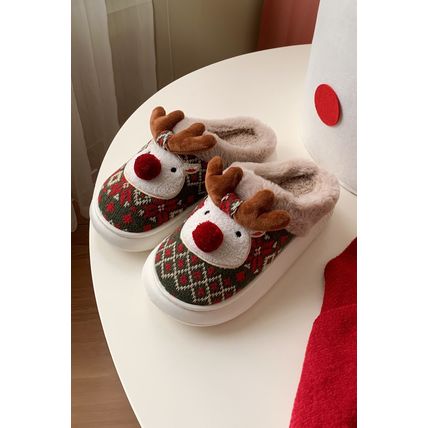 Dark Green Christmas Cartoon Reindeer Plush Home Slippers